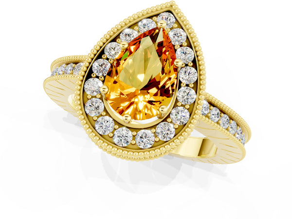 Yellow gold Pear Cut Halo Diamond Engagement Ring with Milgrain Pave Band and Four-Prong Setting