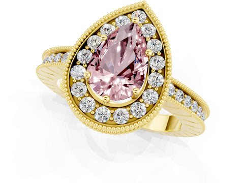 Yellow gold Pear Cut Halo Diamond Engagement Ring with Milgrain Pave Band and Four-Prong Setting_1