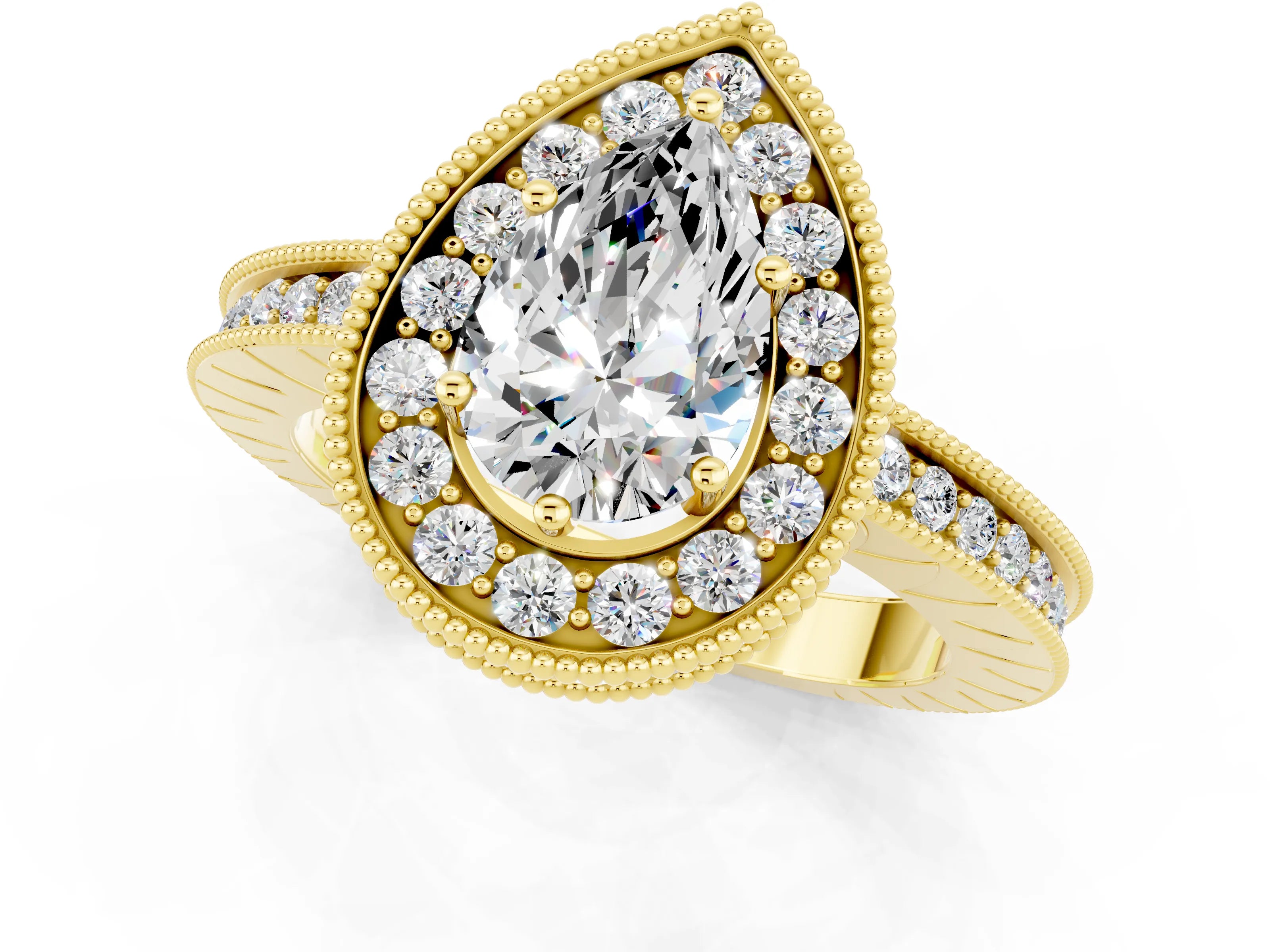 Yellow gold Pear Cut Halo Diamond Engagement Ring with Milgrain Pave Band and Four-Prong Setting_1