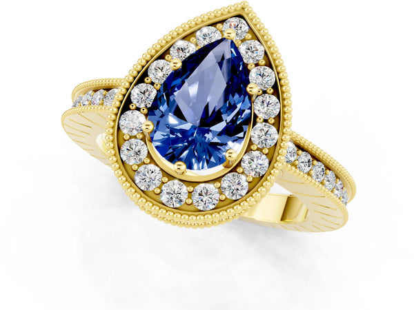 Yellow gold Pear Cut Halo Diamond Engagement Ring with Milgrain Pave Band and Four-Prong Setting