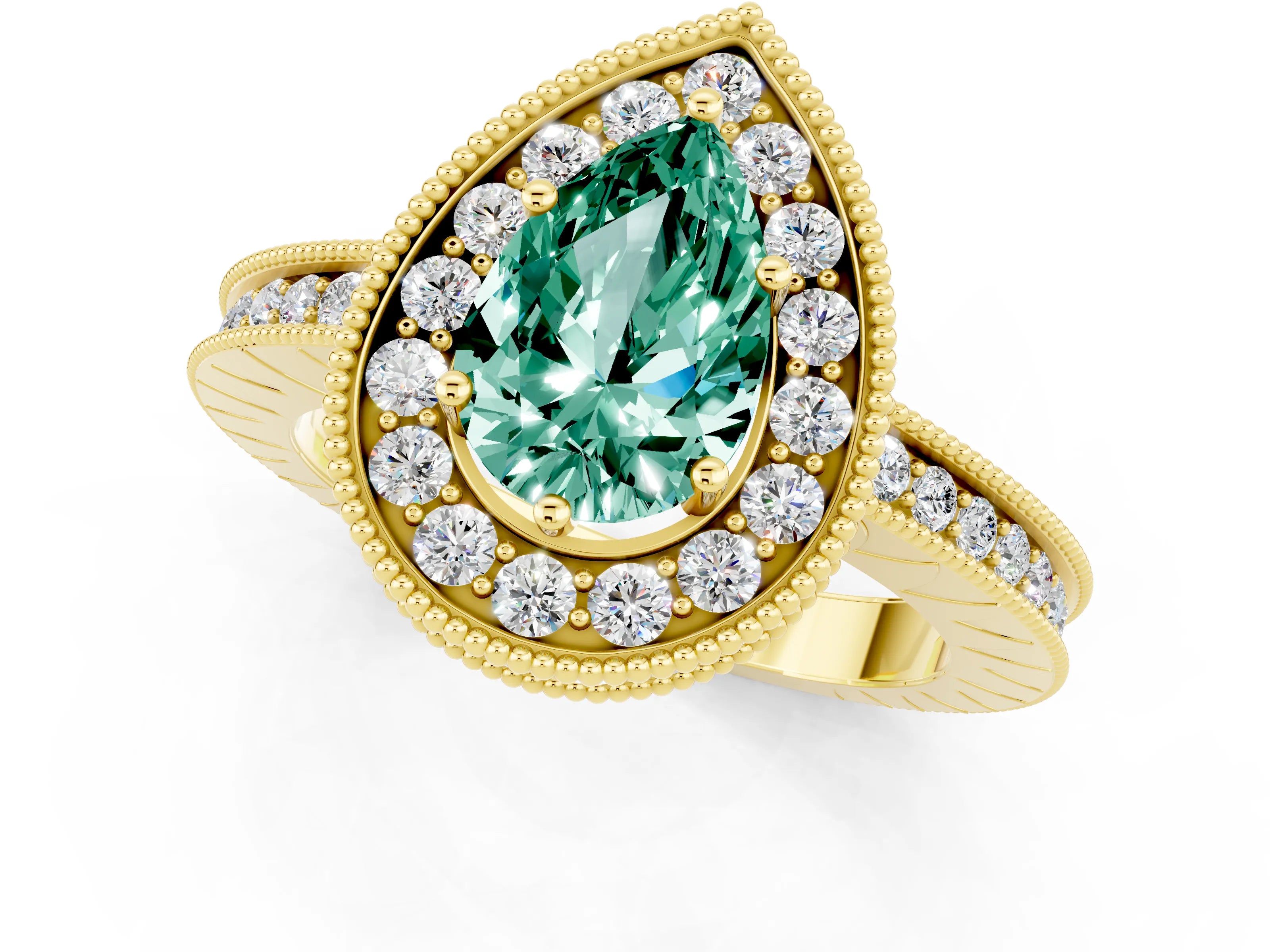 Yellow gold Pear Cut Halo Diamond Engagement Ring with Milgrain Pave Band and Four-Prong Setting_1