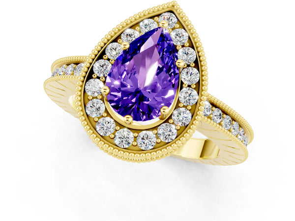 Yellow gold Pear Cut Halo Diamond Engagement Ring with Milgrain Pave Band and Four-Prong Setting
