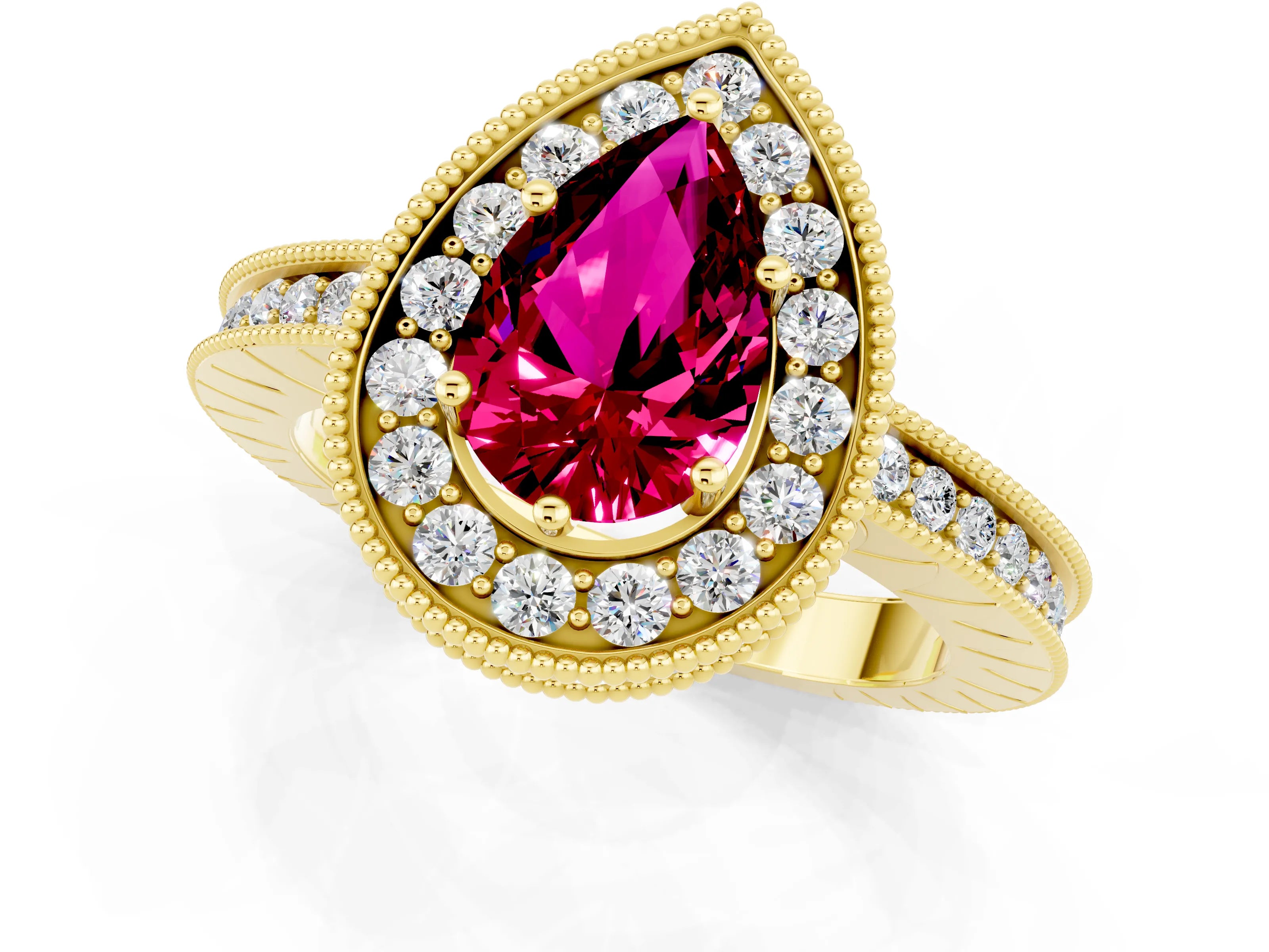Yellow gold Pear Cut Halo Diamond Engagement Ring with Milgrain Pave Band and Four-Prong Setting_1