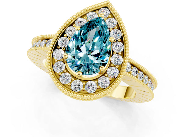 Yellow gold Pear Cut Halo Diamond Engagement Ring with Milgrain Pave Band and Four-Prong Setting
