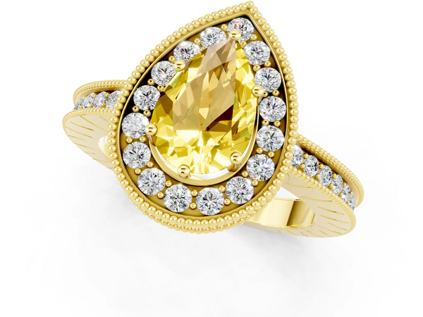 Yellow gold Pear Cut Halo Diamond Engagement Ring with Milgrain Pave Band and Four-Prong Setting