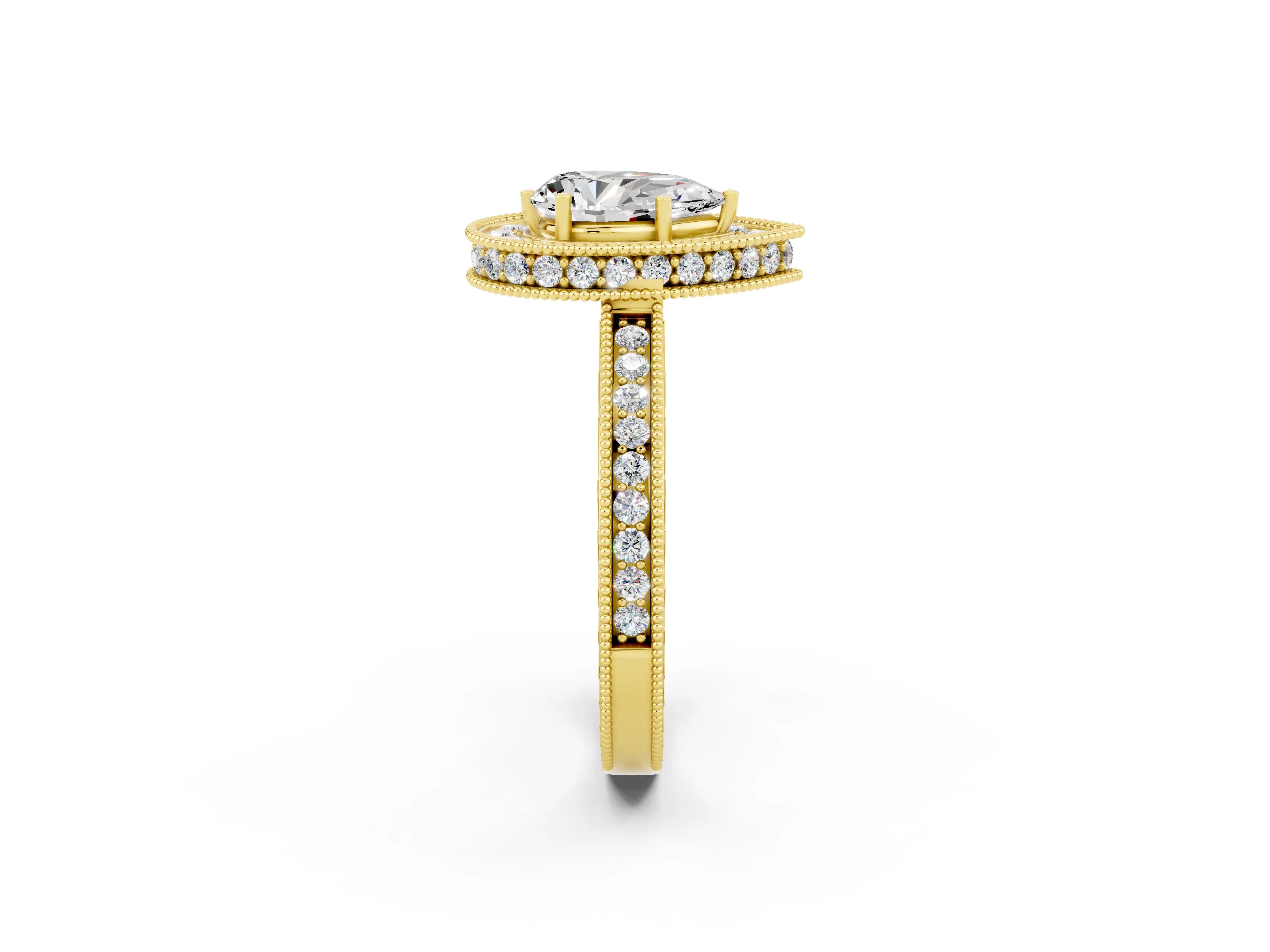 Yellow gold Pear Cut Halo Diamond Engagement Ring with Milgrain Pave Band and Four-Prong Setting_2