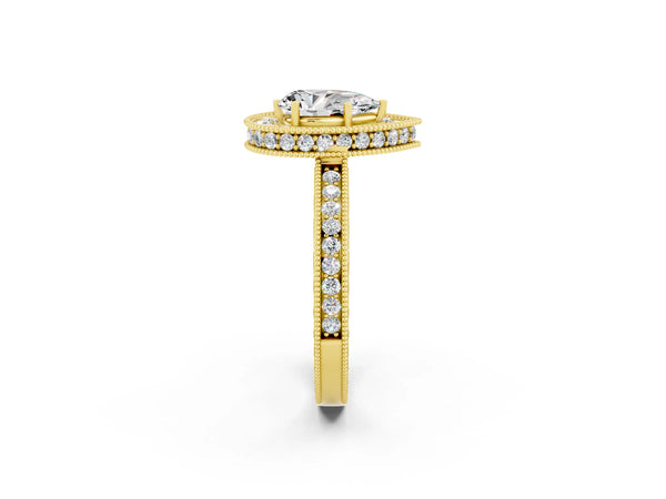 Yellow gold Pear Cut Halo Diamond Engagement Ring with Milgrain Pave Band and Four-Prong Setting