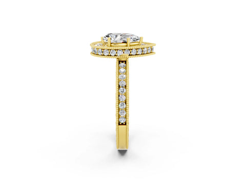 Yellow gold Pear Cut Halo Diamond Engagement Ring with Milgrain Pave Band and Four-Prong Setting_2