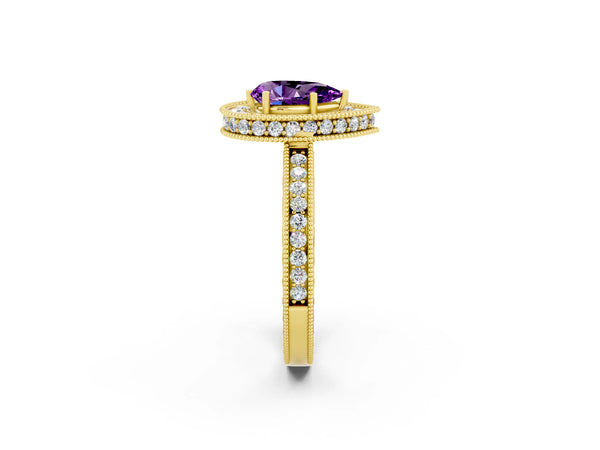 Yellow gold Pear Cut Amethyst Milgrain Halo Engagement Ring with Round Pavé Band and Prong Setting