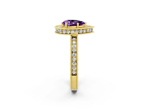 Yellow gold Pear Cut Halo Diamond Engagement Ring with Milgrain Pave Band and Four-Prong Setting_2