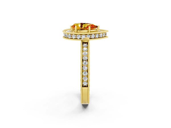 Yellow gold Pear Cut Halo Diamond Engagement Ring with Milgrain Pave Band and Four-Prong Setting
