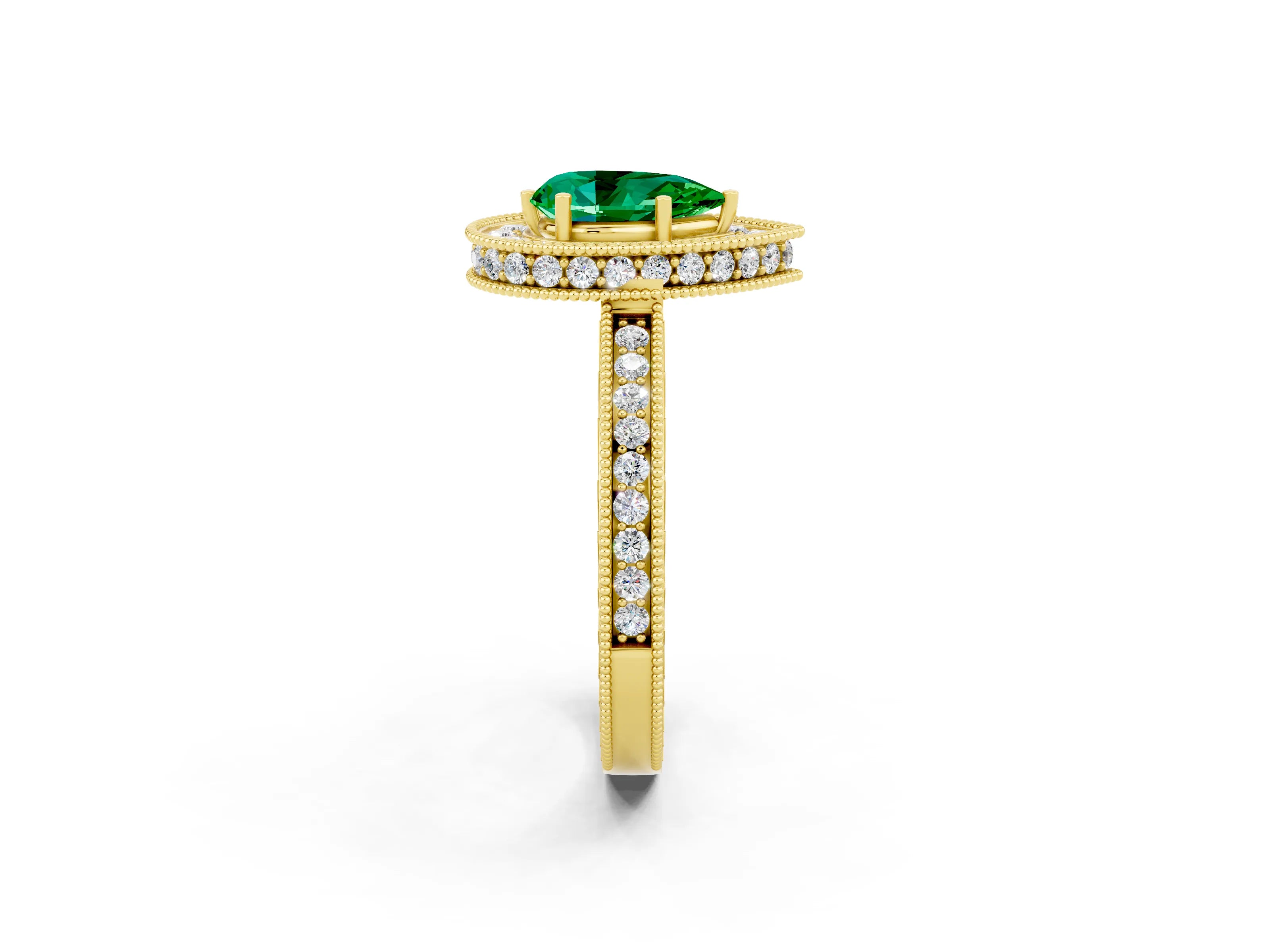 Yellow gold Pear Cut Halo Diamond Engagement Ring with Milgrain Pave Band and Four-Prong Setting_2