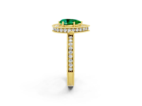Yellow gold Pear Cut Halo Diamond Engagement Ring with Milgrain Pave Band and Four-Prong Setting