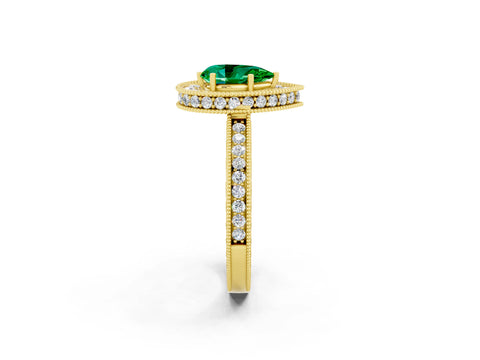 Yellow gold Pear Cut Halo Diamond Engagement Ring with Milgrain Pave Band and Four-Prong Setting_2