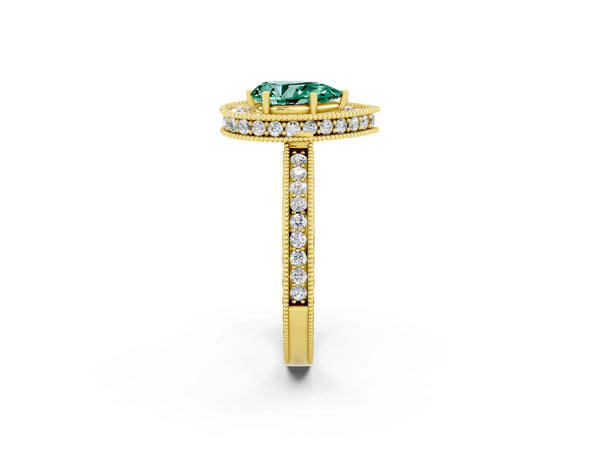 Yellow gold Pear Cut Halo Diamond Engagement Ring with Milgrain Pave Band and Four-Prong Setting