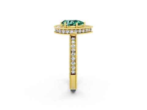 Yellow gold Pear Cut Halo Diamond Engagement Ring with Milgrain Pave Band and Four-Prong Setting_2