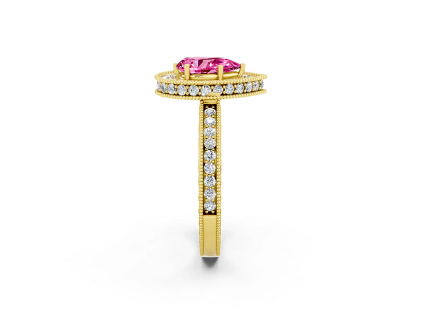 Yellow gold Pear Cut Halo Diamond Engagement Ring with Milgrain Pave Band and Four-Prong Setting