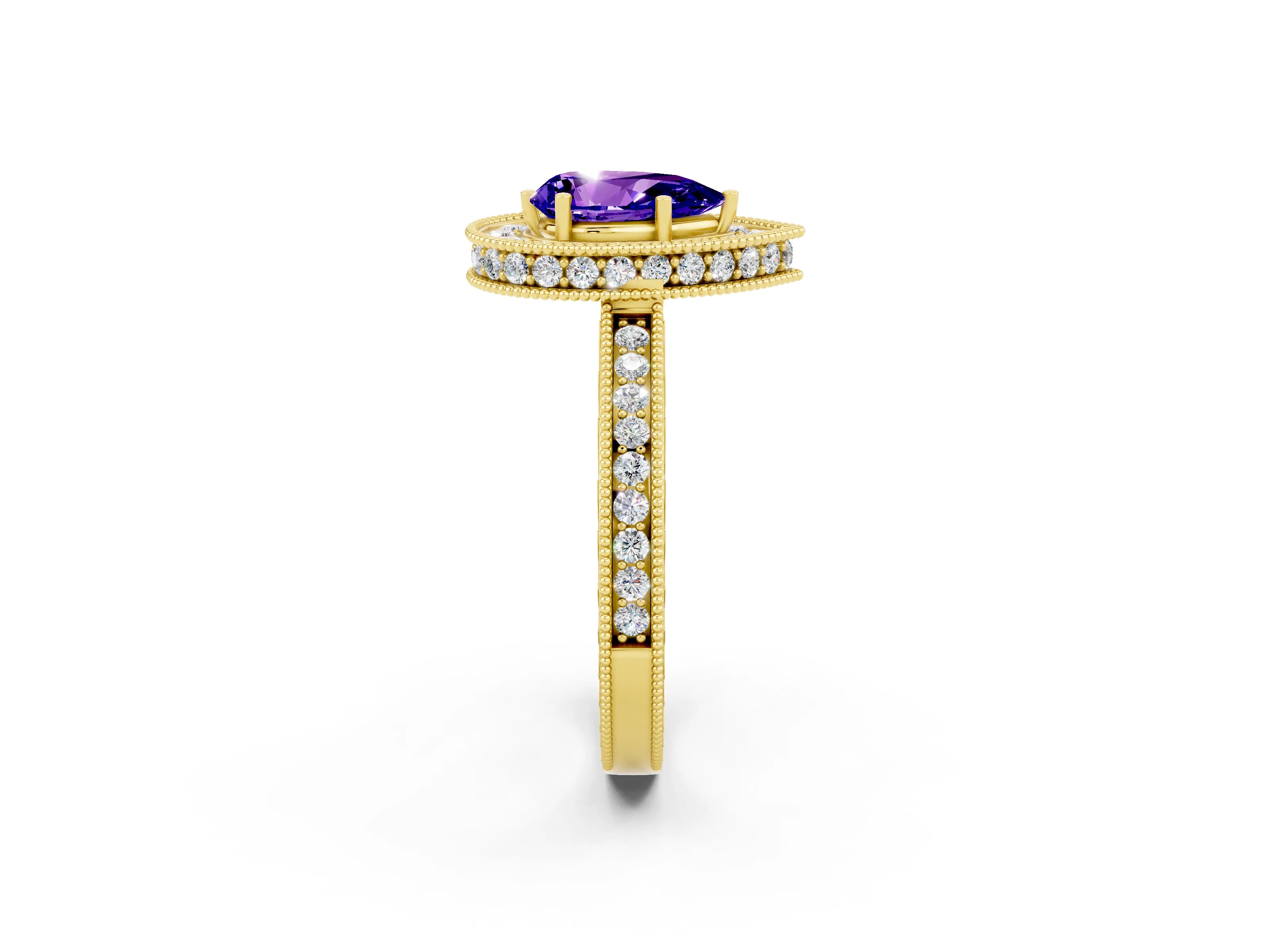 Yellow gold Pear Cut Halo Diamond Engagement Ring with Milgrain Pave Band and Four-Prong Setting_2