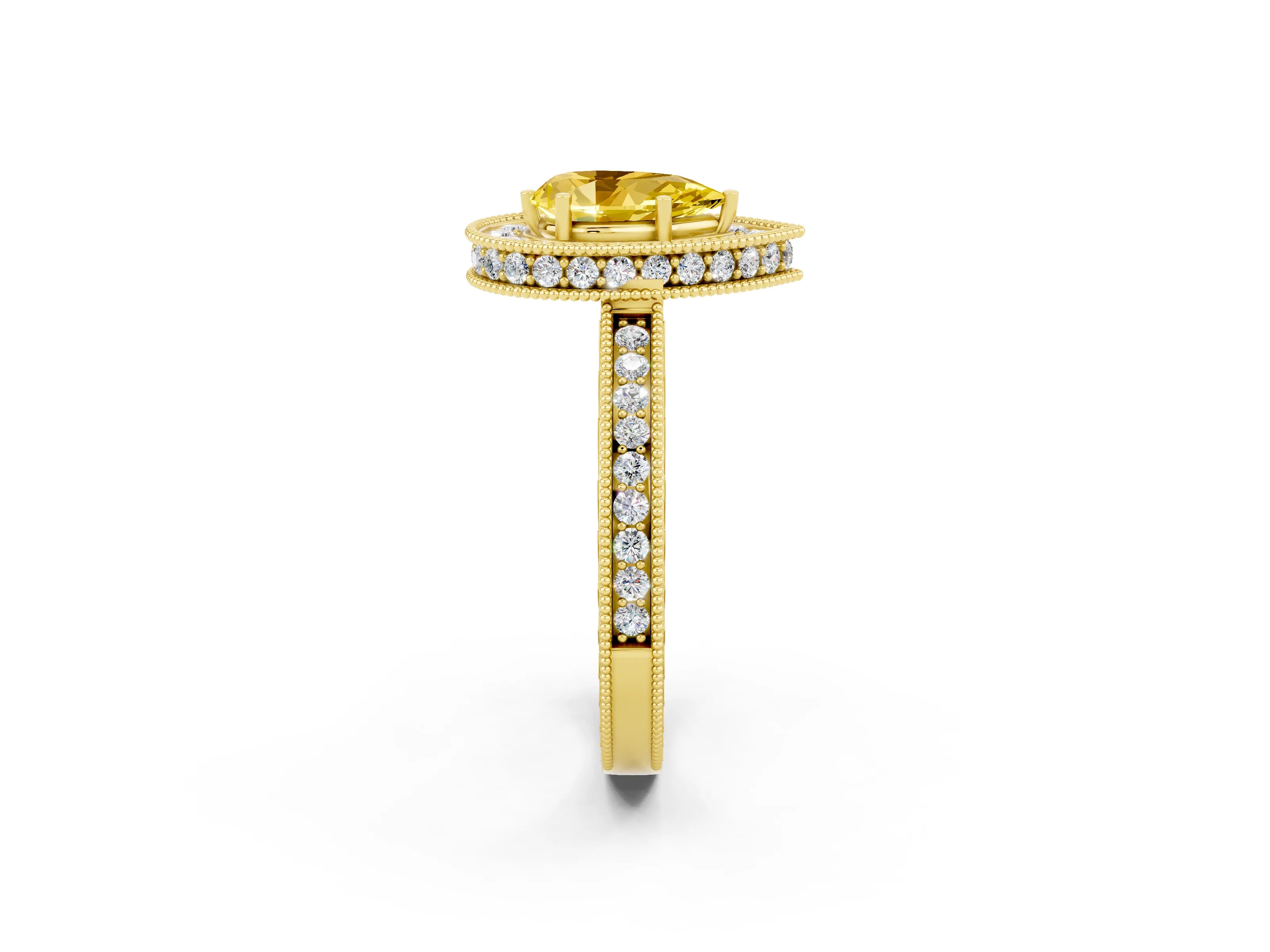 Yellow gold Pear Cut Halo Diamond Engagement Ring with Milgrain Pave Band and Four-Prong Setting_2