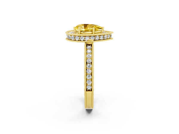 Yellow gold Pear Cut Halo Diamond Engagement Ring with Milgrain Pave Band and Four-Prong Setting
