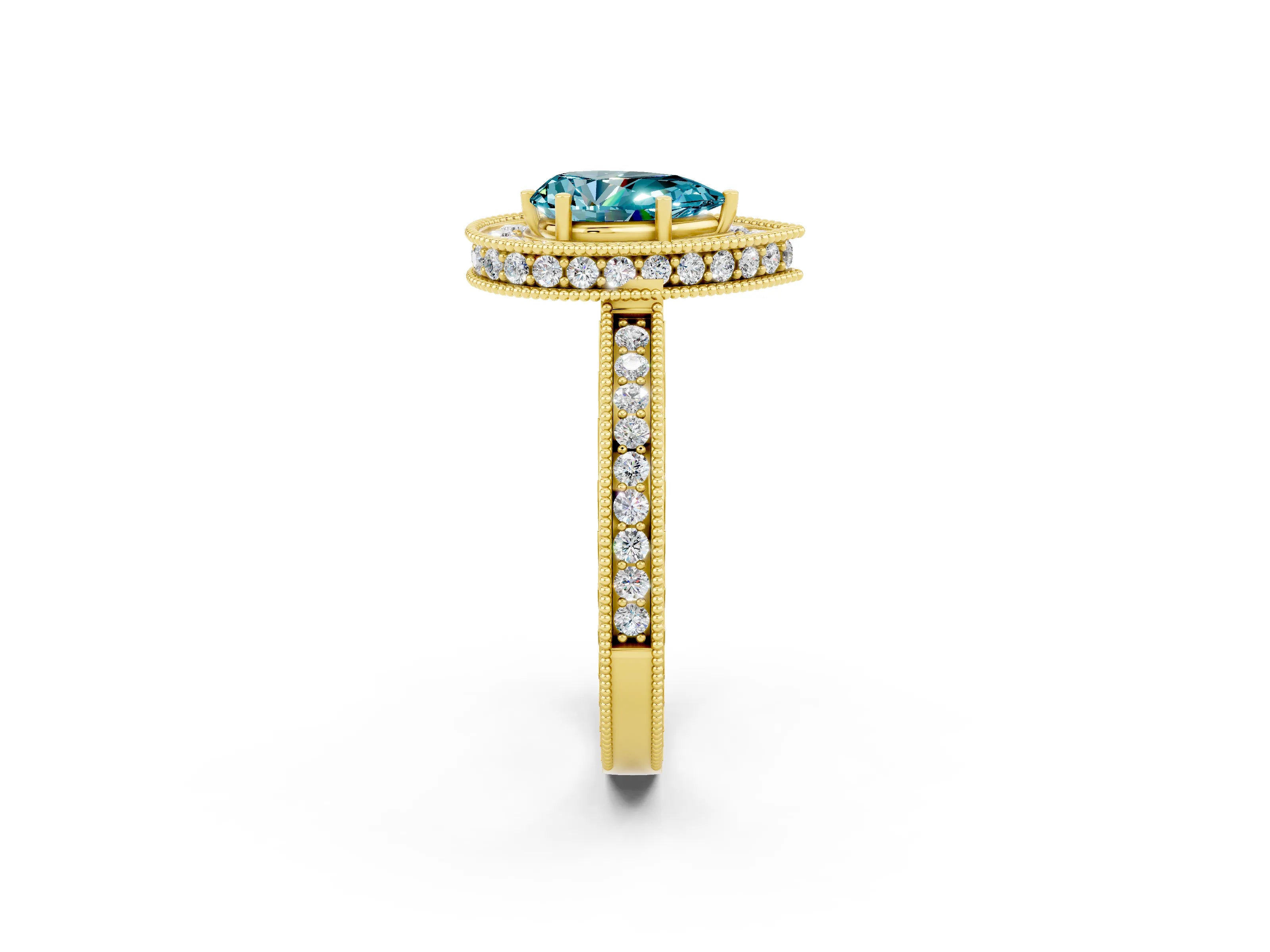 Yellow gold Pear Cut Halo Diamond Engagement Ring with Milgrain Pave Band and Four-Prong Setting_2