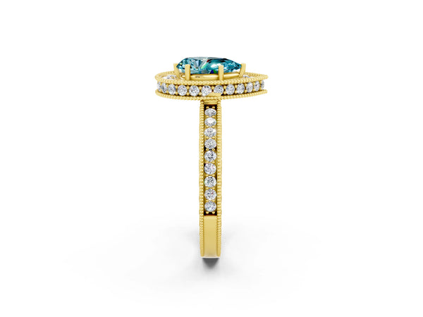 Yellow gold Pear Cut Halo Diamond Engagement Ring with Milgrain Pave Band and Four-Prong Setting
