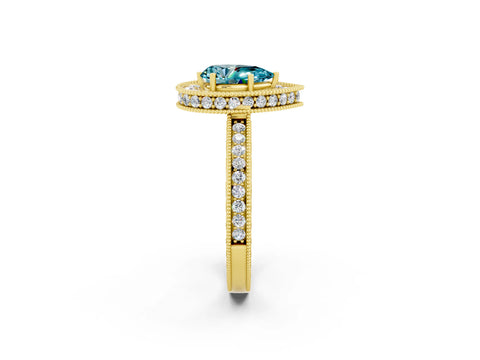 Yellow gold Pear Cut Halo Diamond Engagement Ring with Milgrain Pave Band and Four-Prong Setting_2
