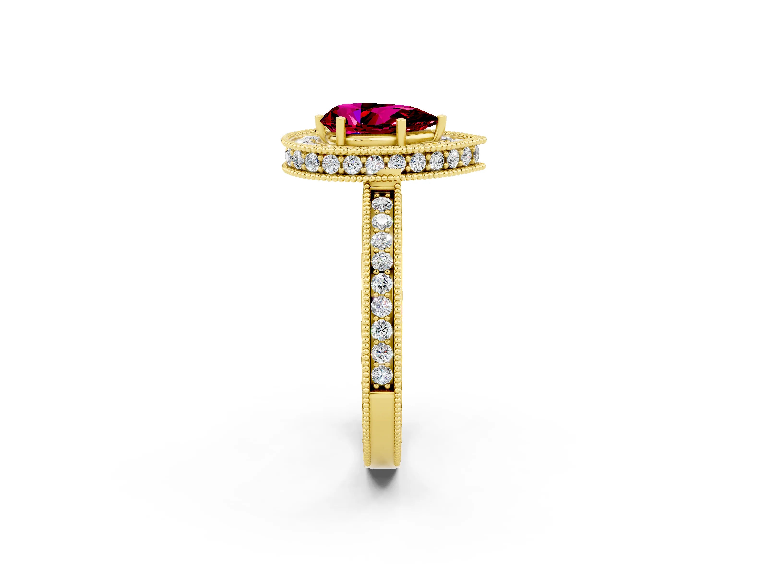 Yellow gold Pear Cut Halo Diamond Engagement Ring with Milgrain Pave Band and Four-Prong Setting_2