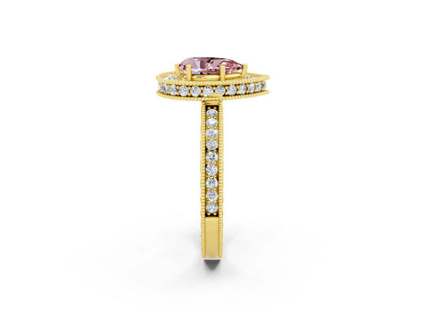 Yellow gold Pear Cut Halo Diamond Engagement Ring with Milgrain Pave Band and Four-Prong Setting