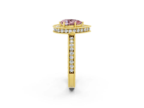 Yellow gold Pear Cut Halo Diamond Engagement Ring with Milgrain Pave Band and Four-Prong Setting_2