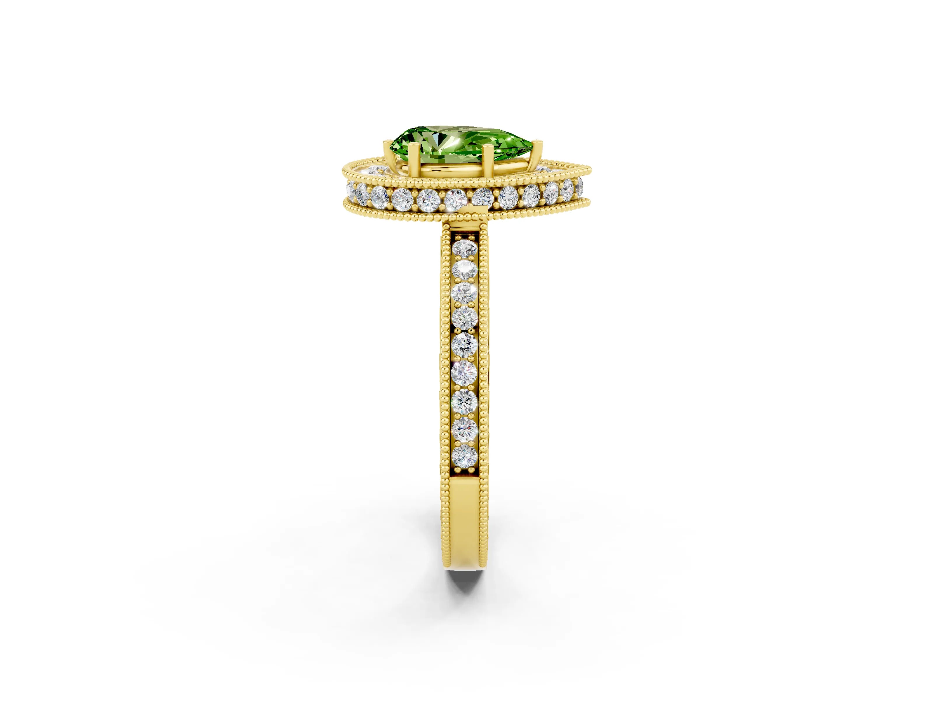 Yellow gold Pear Cut Halo Diamond Engagement Ring with Milgrain Pave Band and Four-Prong Setting_2