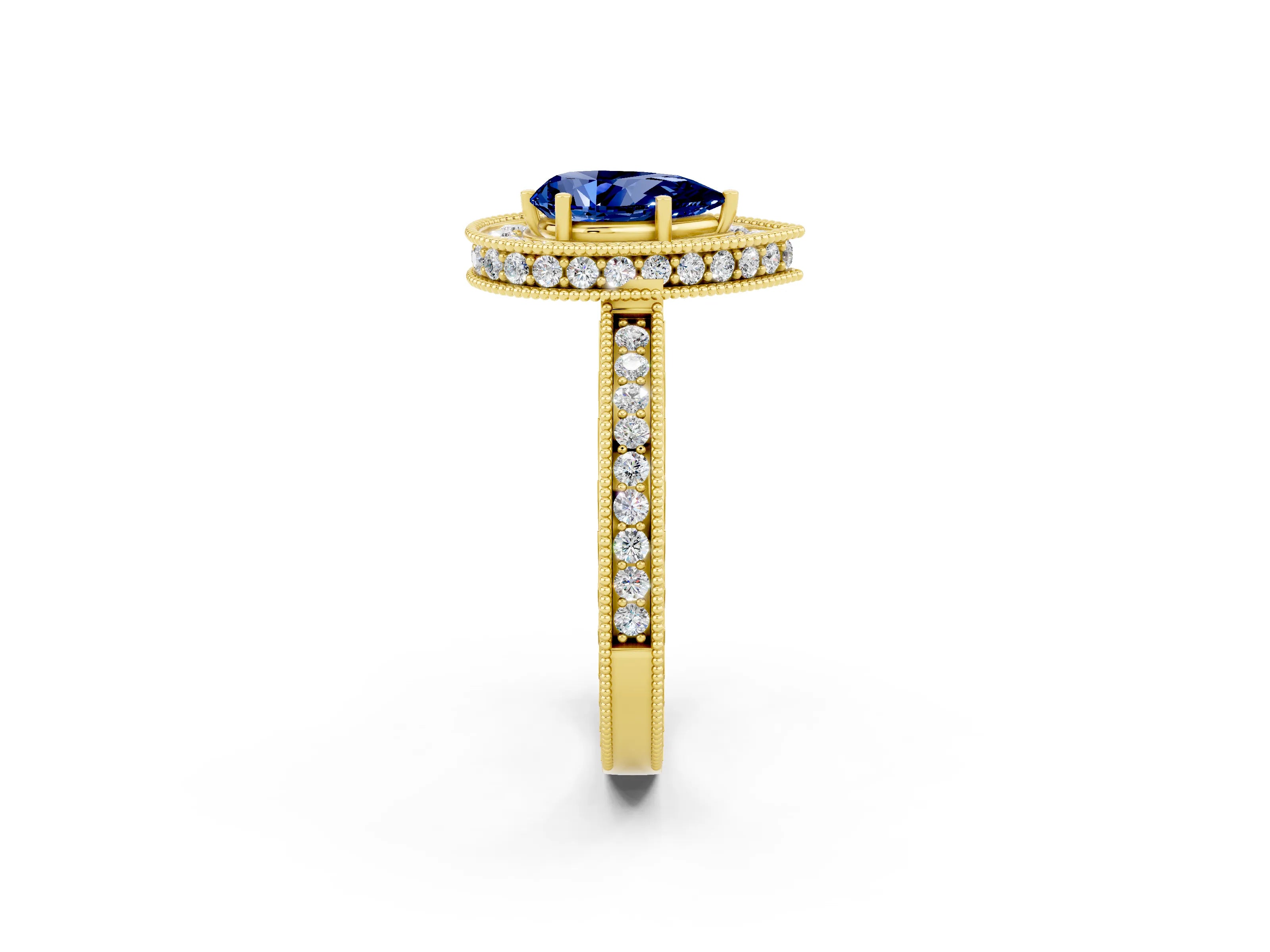 Yellow gold Pear Cut Halo Diamond Engagement Ring with Milgrain Pave Band and Four-Prong Setting_2