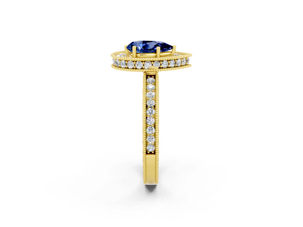 Yellow gold Pear Cut Halo Diamond Engagement Ring with Milgrain Pave Band and Four-Prong Setting