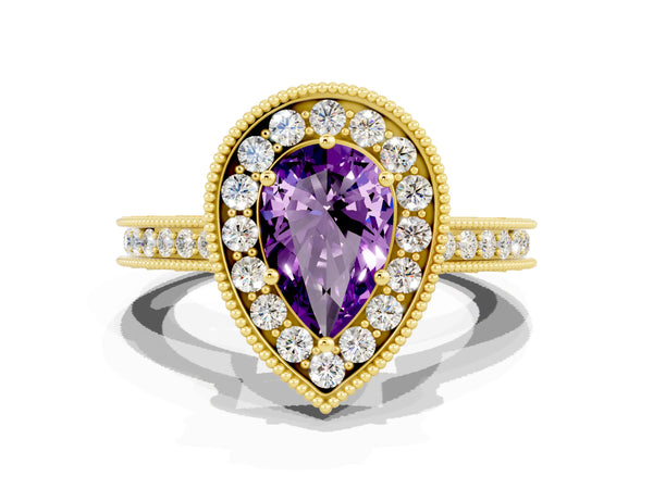 Yellow gold Pear Cut Amethyst Milgrain Halo Engagement Ring with Round Pavé Band and Prong Setting