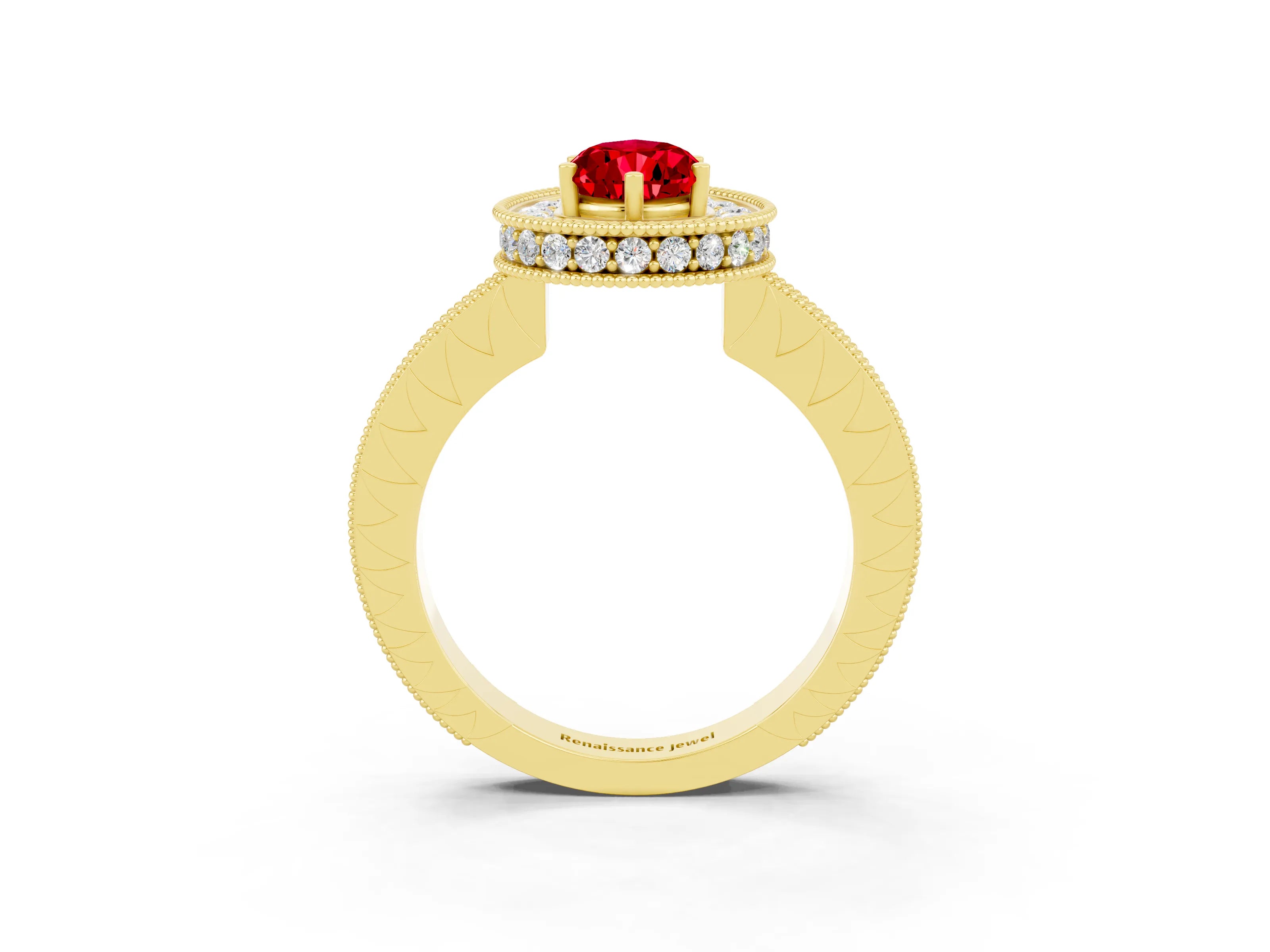 Yellow gold Pear Cut Halo Diamond Engagement Ring with Milgrain Pave Band and Four-Prong Setting_3
