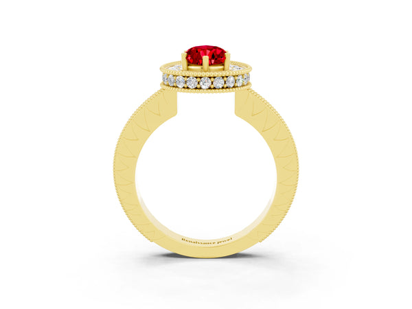 Yellow gold Pear Cut Halo Diamond Engagement Ring with Milgrain Pave Band and Four-Prong Setting