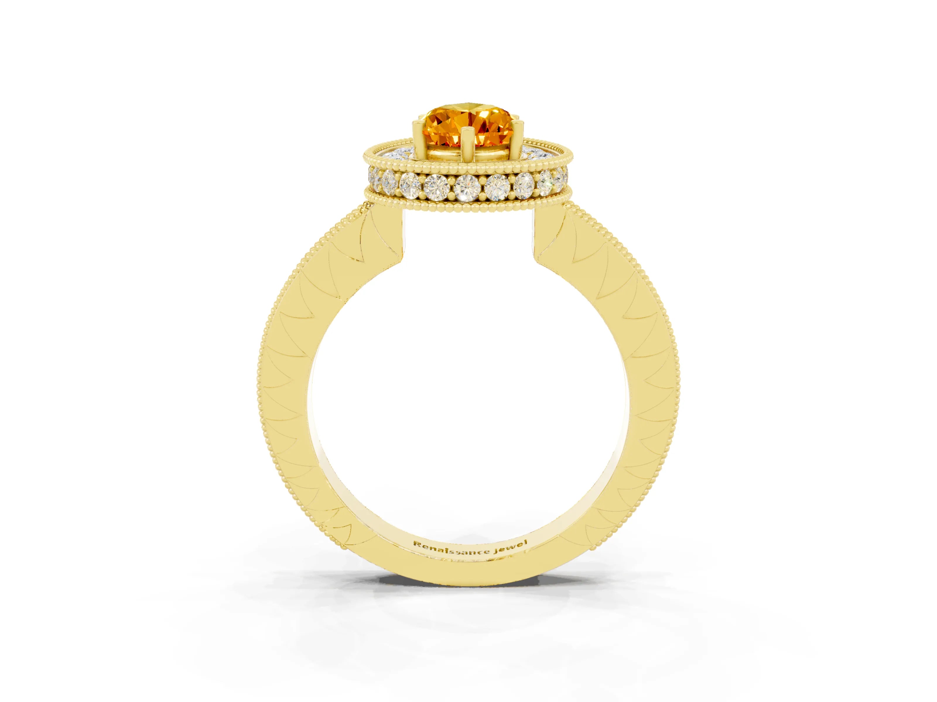 Yellow gold Pear Cut Halo Diamond Engagement Ring with Milgrain Pave Band and Four-Prong Setting_3