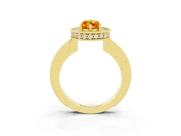 Yellow gold Pear Cut Halo Diamond Engagement Ring with Milgrain Pave Band and Four-Prong Setting