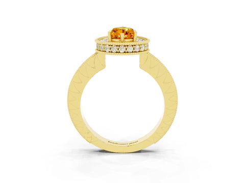 Yellow gold Pear Cut Halo Diamond Engagement Ring with Milgrain Pave Band and Four-Prong Setting_3