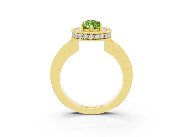 Yellow gold Pear Cut Halo Diamond Engagement Ring with Milgrain Pave Band and Four-Prong Setting