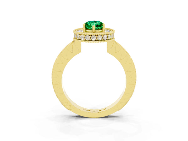 Yellow gold Pear Cut Halo Diamond Engagement Ring with Milgrain Pave Band and Four-Prong Setting