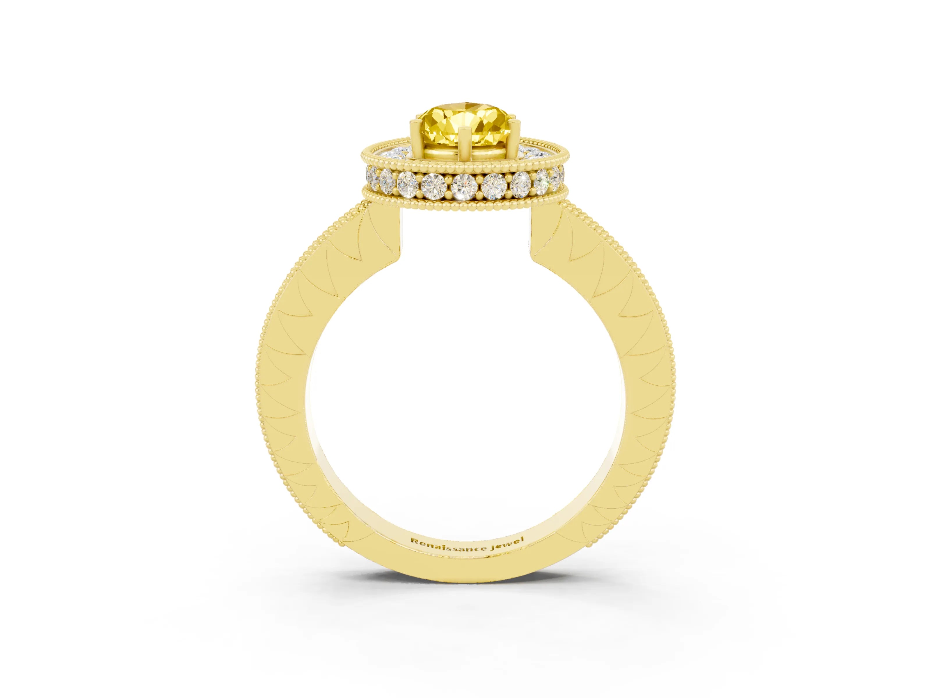 Yellow gold Pear Cut Halo Diamond Engagement Ring with Milgrain Pave Band and Four-Prong Setting_3