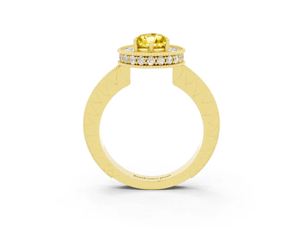 Yellow gold Pear Cut Halo Diamond Engagement Ring with Milgrain Pave Band and Four-Prong Setting