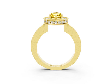 Yellow gold Pear Cut Halo Diamond Engagement Ring with Milgrain Pave Band and Four-Prong Setting_3