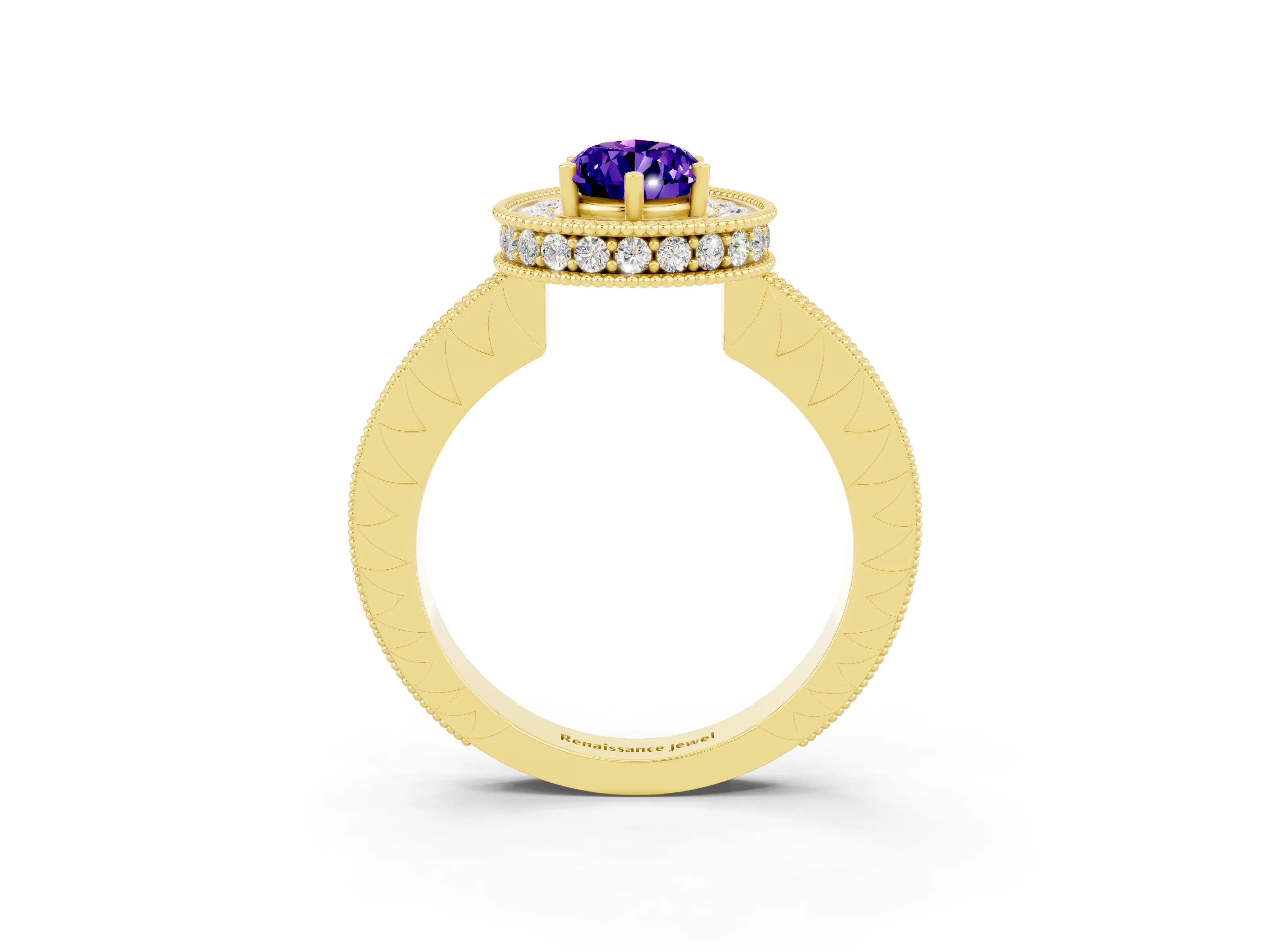 Yellow gold Pear Cut Halo Diamond Engagement Ring with Milgrain Pave Band and Four-Prong Setting_3
