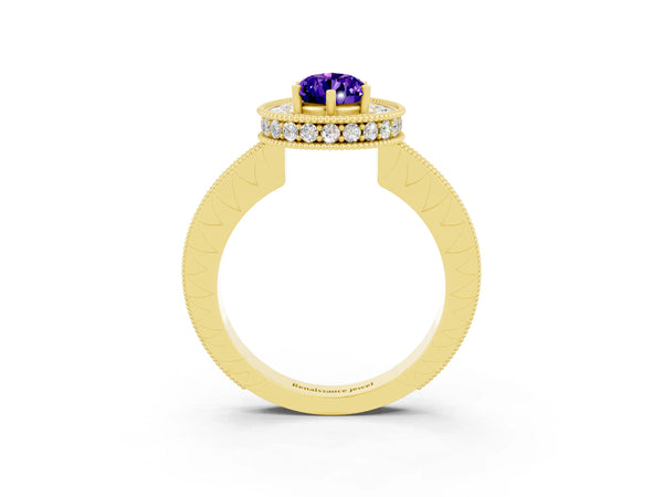 Yellow gold Pear Cut Halo Diamond Engagement Ring with Milgrain Pave Band and Four-Prong Setting