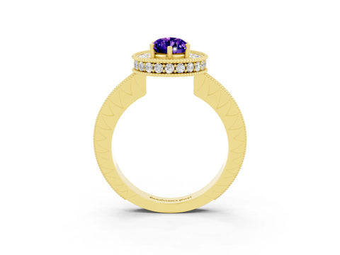 Yellow gold Pear Cut Halo Diamond Engagement Ring with Milgrain Pave Band and Four-Prong Setting_3
