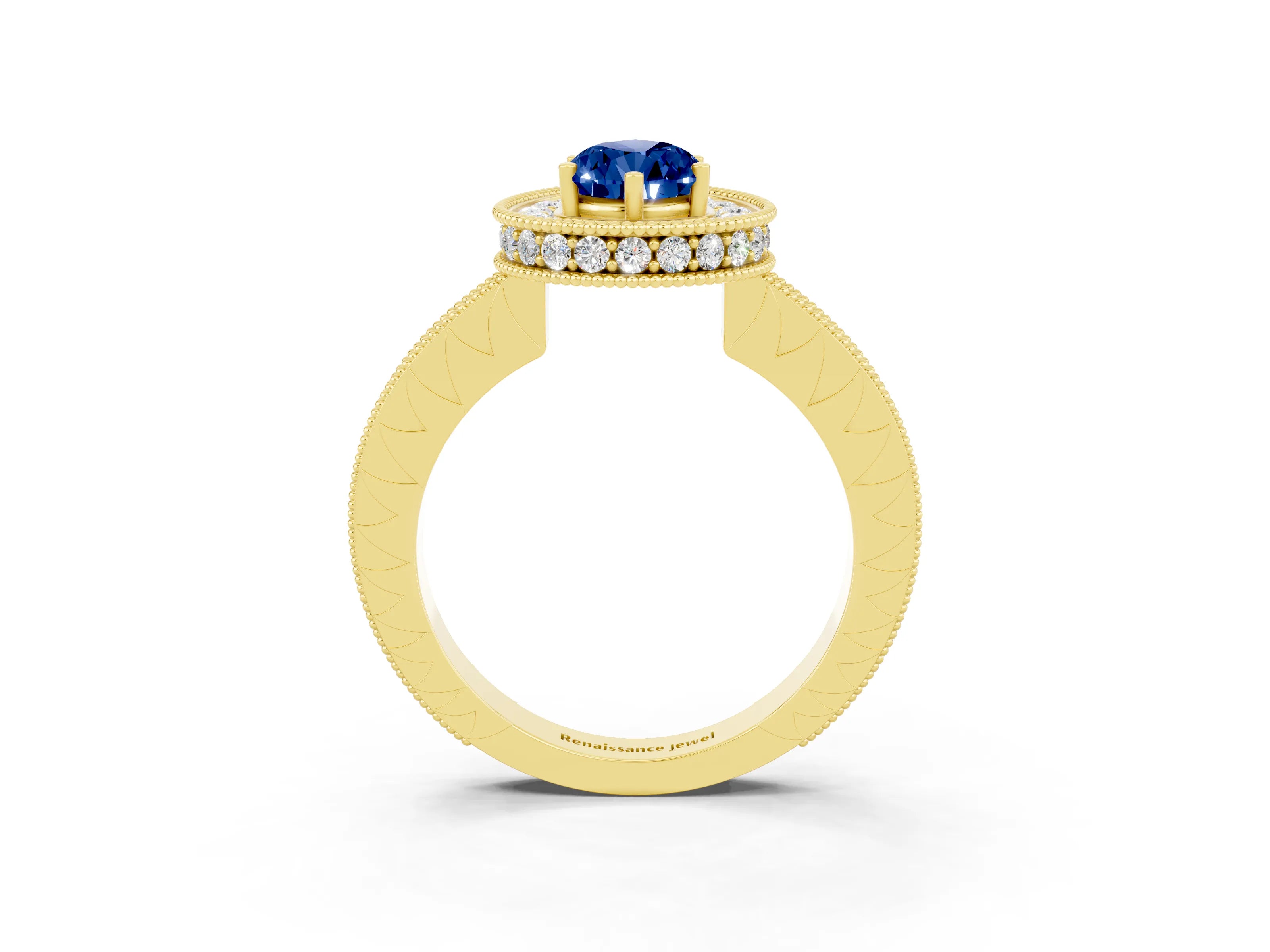 Yellow gold Pear Cut Halo Diamond Engagement Ring with Milgrain Pave Band and Four-Prong Setting_3