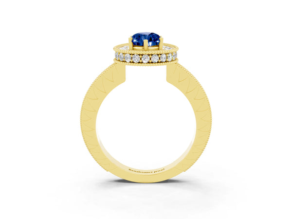 Yellow gold Pear Cut Halo Diamond Engagement Ring with Milgrain Pave Band and Four-Prong Setting