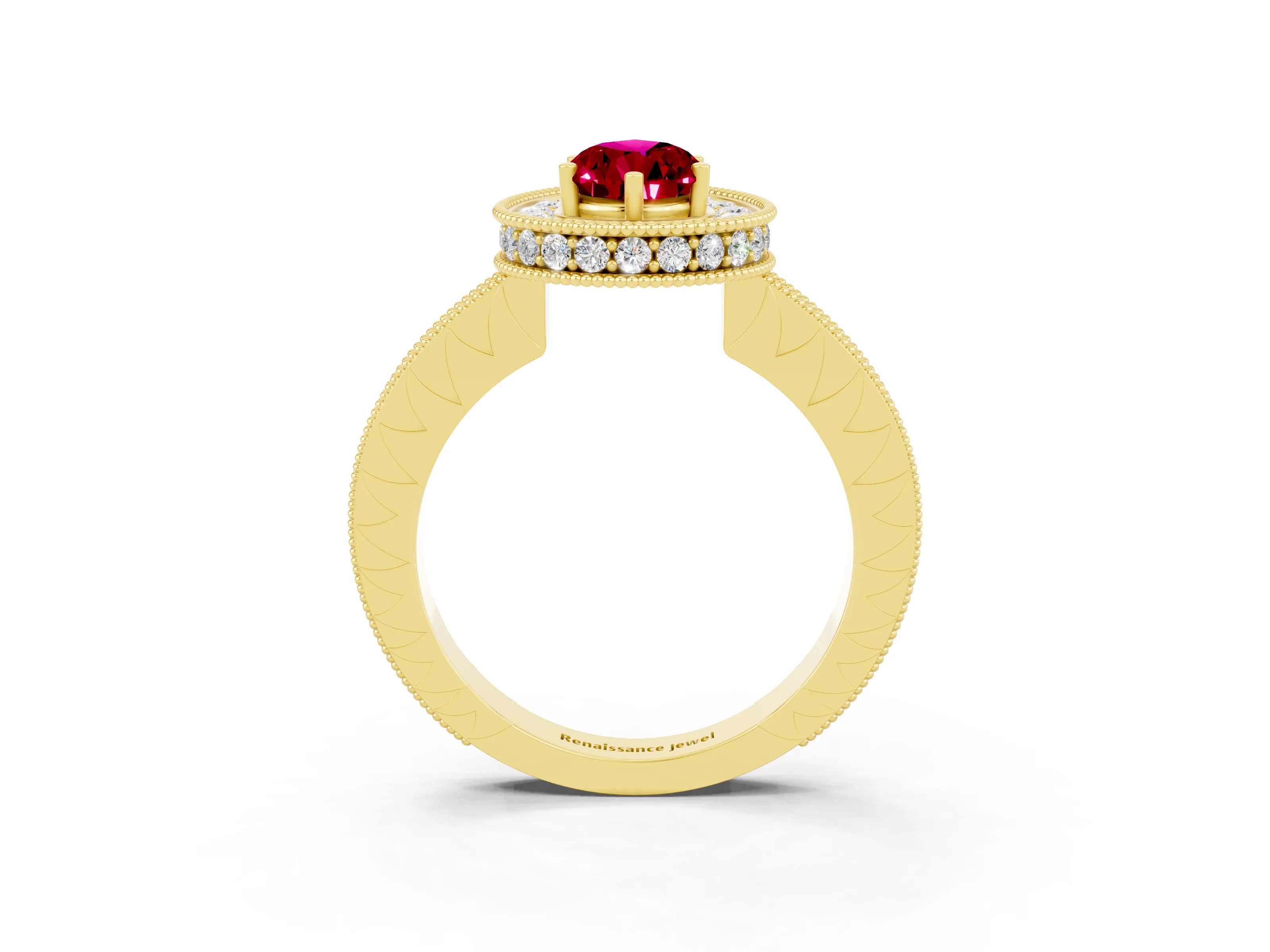 Yellow gold Pear Cut Halo Diamond Engagement Ring with Milgrain Pave Band and Four-Prong Setting_3